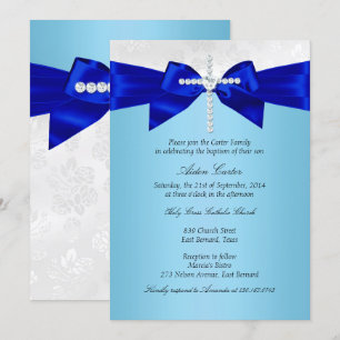 Invitación Bautizo de niño Cruz Blanca Plata Azul Real