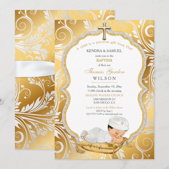 Invitación Bautizo de Niño Cruz de Oro (Anverso / Reverso)