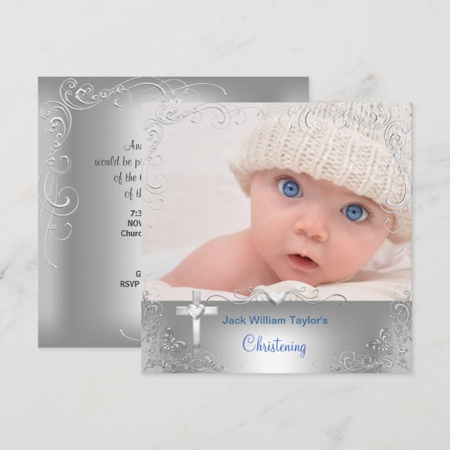 Invitación Bautizo de Niño Cruz de Plata (Anverso / Reverso)