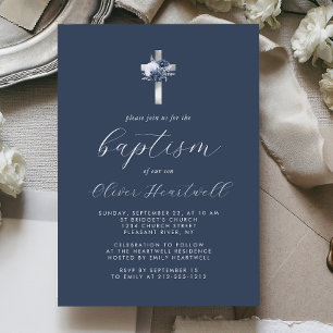 Invitación Bautizo de Niño Cruz de Plata Azul Marítimo Floral