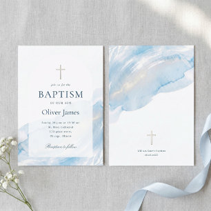 Invitación Bautizo de Niño Cruz Dorada Acuarela Azul Elegante