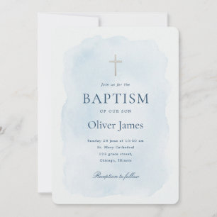 Invitación Bautizo de Niño Cruz Dorada Acuarela Azul Elegante