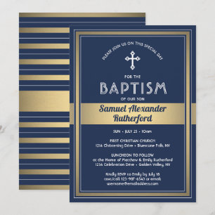 Invitación Bautizo de Niño Elegante Azul Marino y Dorado