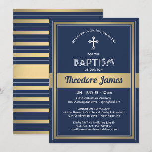 Invitación Bautizo de Niño Elegante Azul Marino y Dorado