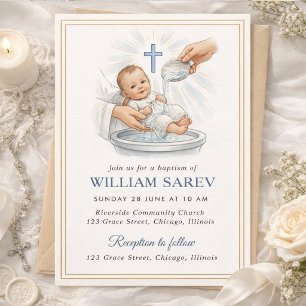 Invitación Bautizo de Niño Elegante Concha Azul con Borde de 
