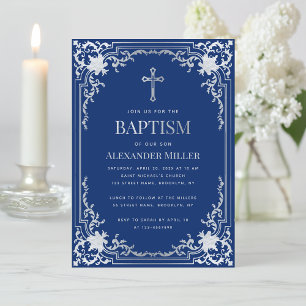Invitación Bautizo de Niño Elegante Cruz Falsa Azul Real Plat