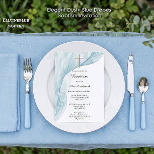 Invitación Bautizo de Niño Elegantes Cortinas Azul Polvo Cr