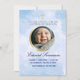 Invitación Bautizo de Niño en Nube Azul Editable 