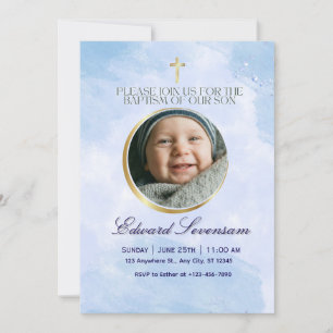 Invitación Bautizo de Niño en Nube Azul Editable 