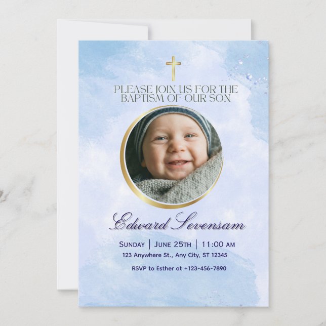 Invitación Bautizo de Niño en Nube Azul Editable  (Anverso)