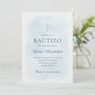 Invitación Bautizo de Niño Español en Acuarela Azul Elegante