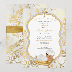 Invitación Bautizo de niño étnico Cruz de oro