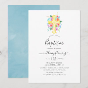 Invitación Bautizo de niño floral acuarela pastel