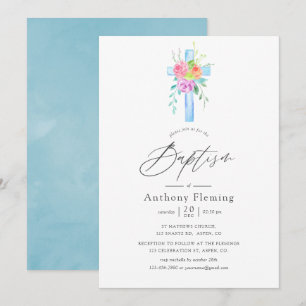 Invitación Bautizo de niño floral acuarela pastel