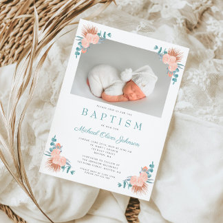 Invitación Bautizo de Niño Floral Elegante Foto