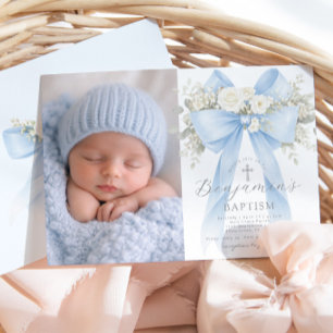 Invitación Bautizo de Niño Foto Floral Arco de Eucalipto