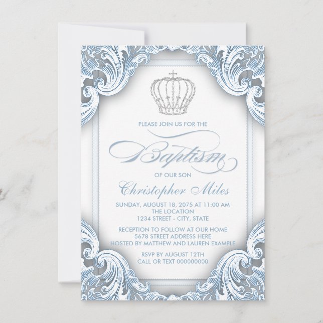 Invitación Bautizo de Niño Plata Azul Príncipe (Anverso)