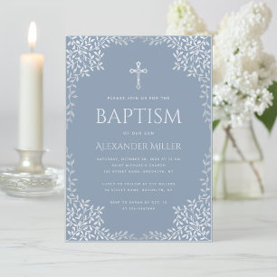 Invitación Bautizo de Niño Polvo Azul Elegantes Hojas Falsas 