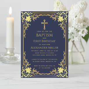Invitación Bautizo de Niño Primer Cumpleaños Azul Marino Dora