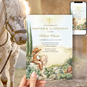 Invitación Bautizo de niño vaquero occidental con acuarela