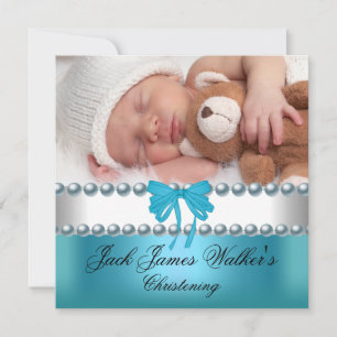 Invitación Bautizo de Niño Varón Blanco Azul Foto con Lazo
