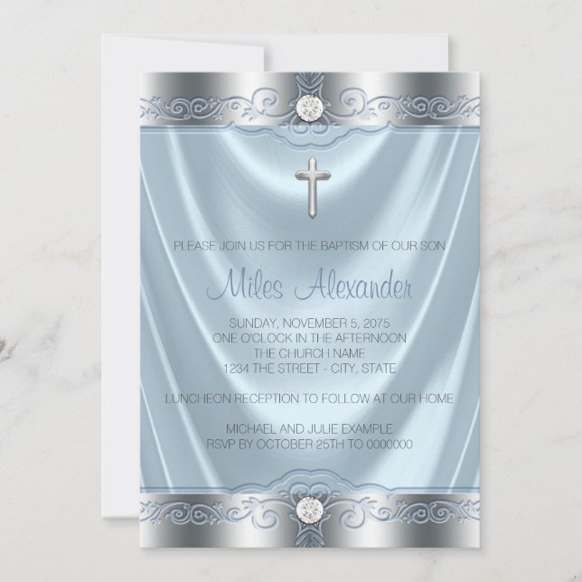 Invitación Bautizo de niños azul y plata (Anverso)