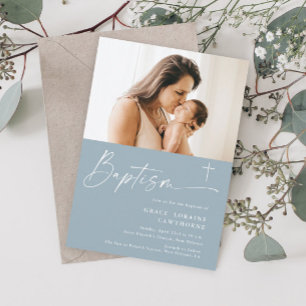 Invitación Bautizo de niños con foto de escritura elegante mo