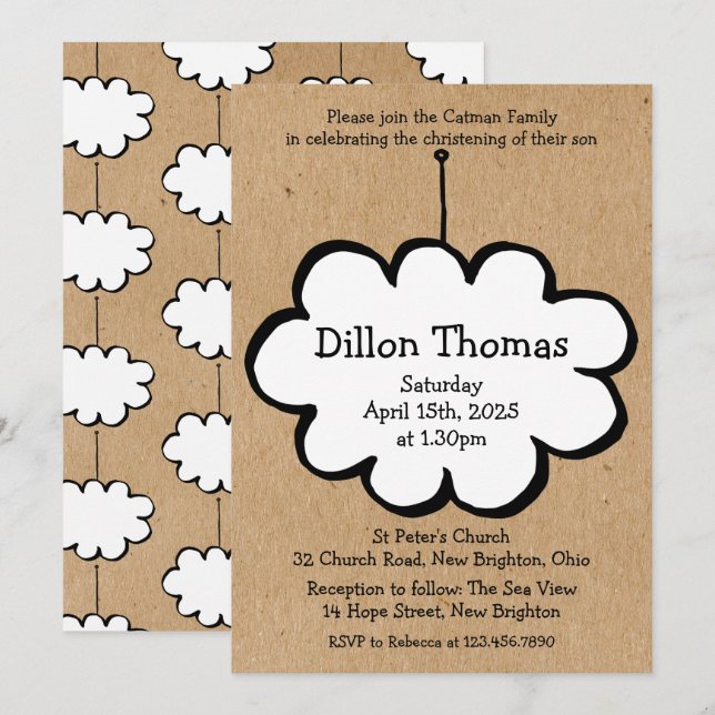 Invitación Bautizo de Nube Rústica en una cuerda (Anverso / Reverso)