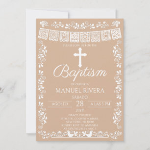 Invitación Bautizo de Papel Picado Beige