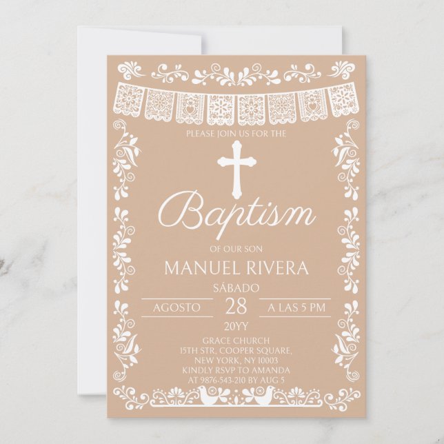 Invitación Bautizo de Papel Picado Beige (Anverso)