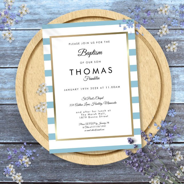 Invitación Bautizo de raya azul para bebé (Baby Blue Stripe Baptism Christening Invitation)
