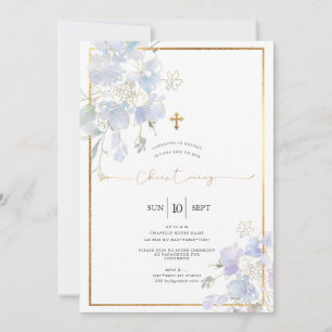 Invitación Bautizo de Sweet Peas de acuarela azul polvoriento