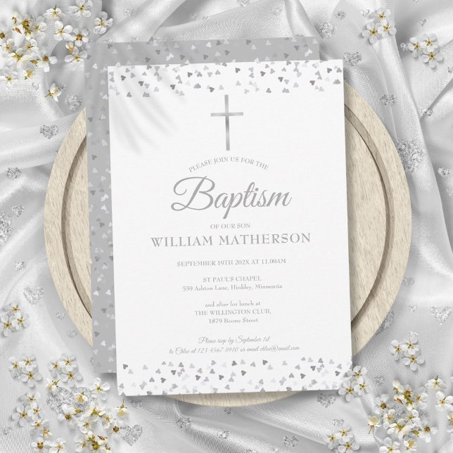 Invitación Bautizo Elegante de Corazones de Plata (Elegant Silver Hearts Baptism Christening Invitation)