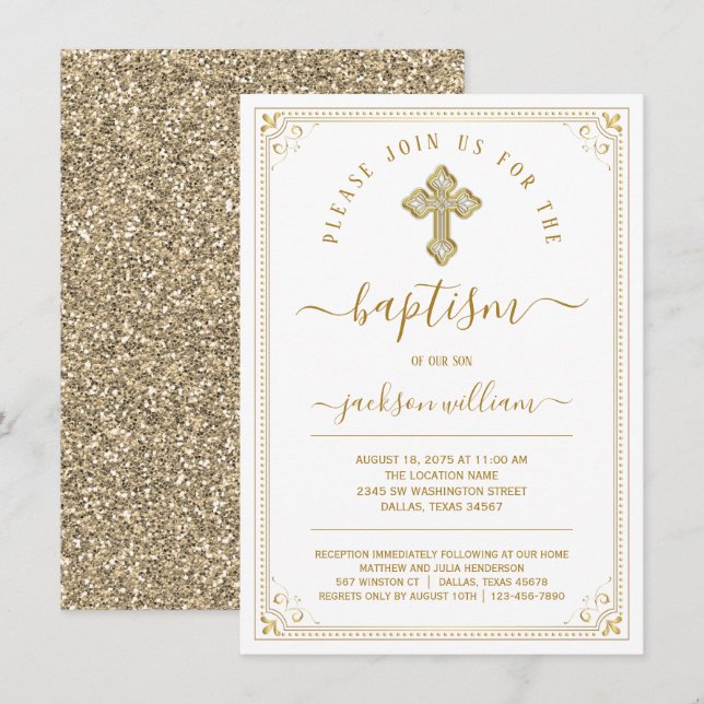 Invitación Bautizo Elegante de Oro Neutro en cuanto a Género (Anverso / Reverso)