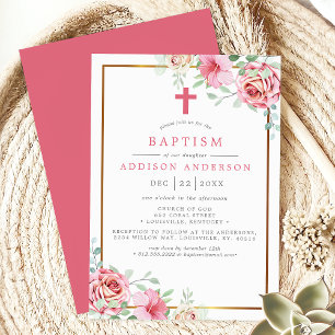 Invitación Bautizo elegante floral rosa y dorado con cruz