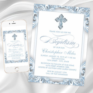 Invitación Bautizo Elegante Plata y Azul