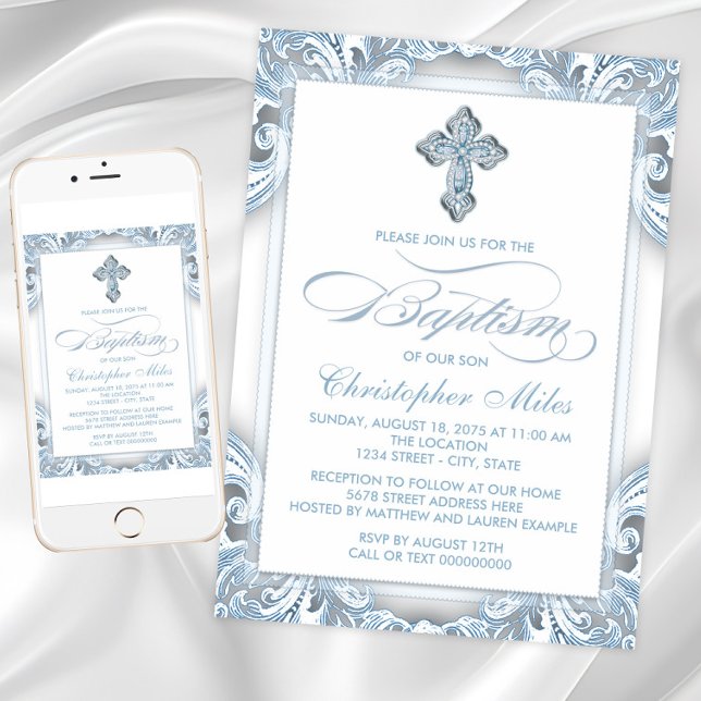 Invitación Bautizo Elegante Plata y Azul (Blue and silver cross baptism invitation with script and cross on swirl back. Digital and print.)