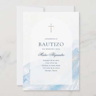 Invitación Bautizo Español Arco Cruz Acuarela Azul