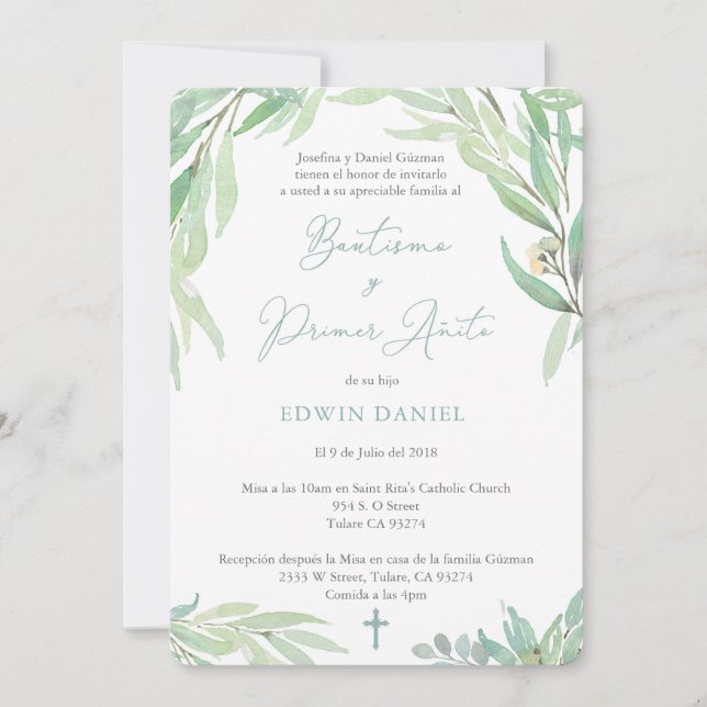 Invitación Bautizo español bautizo bautismo y primer cumpleañ (Anverso)