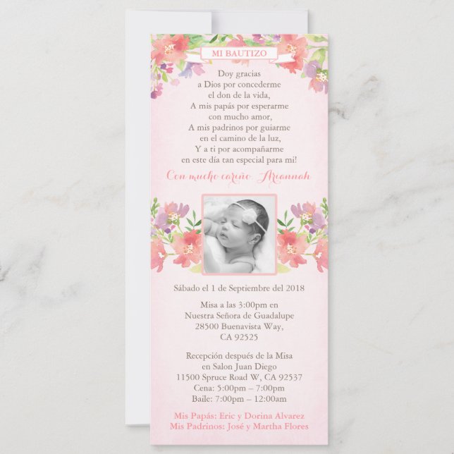 Invitación Bautizo español bautizo floral rosa invita al chic (Anverso)