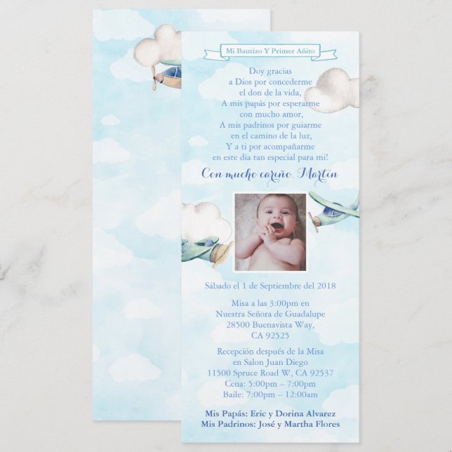 Invitación Bautizo Español Cumpleaños 1er Año Fiesta de Bauti (Anverso / Reverso)