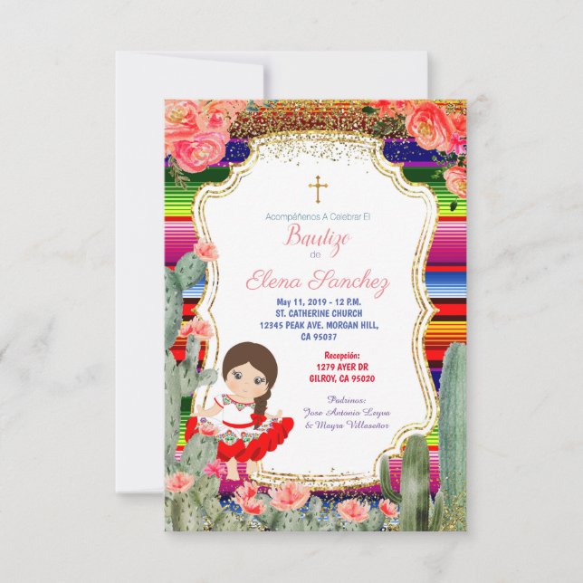 Invitación Bautizo español floral del bautismo del chica de (Anverso)