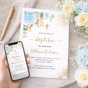 Invitación Bautizo eucalipto verde azul dorado floral niño