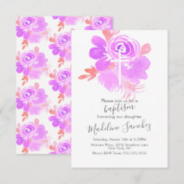 Invitación Bautizo Floral Acuarela Morado Dedicación Bebé