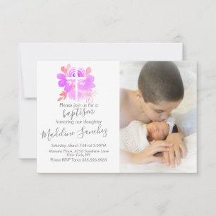 Invitación Bautizo floral acuarela rosa dedicación bebé 