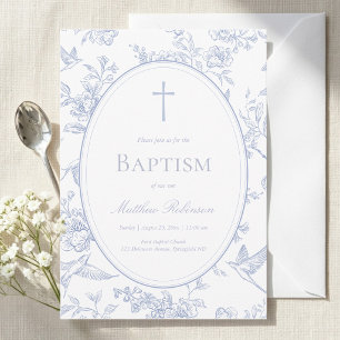 Invitación Bautizo Floral Azul Polvoriento