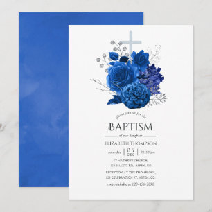 Invitación Bautizo floral azul real y plata