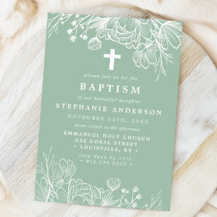 Invitación Bautizo floral blanco y menta polvoriento
