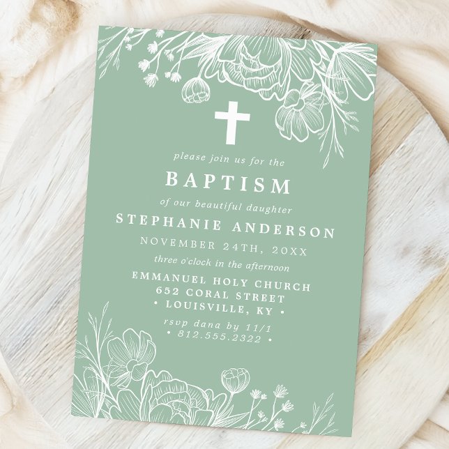 Invitación Bautizo floral blanco y menta polvoriento (Subido por el creador)