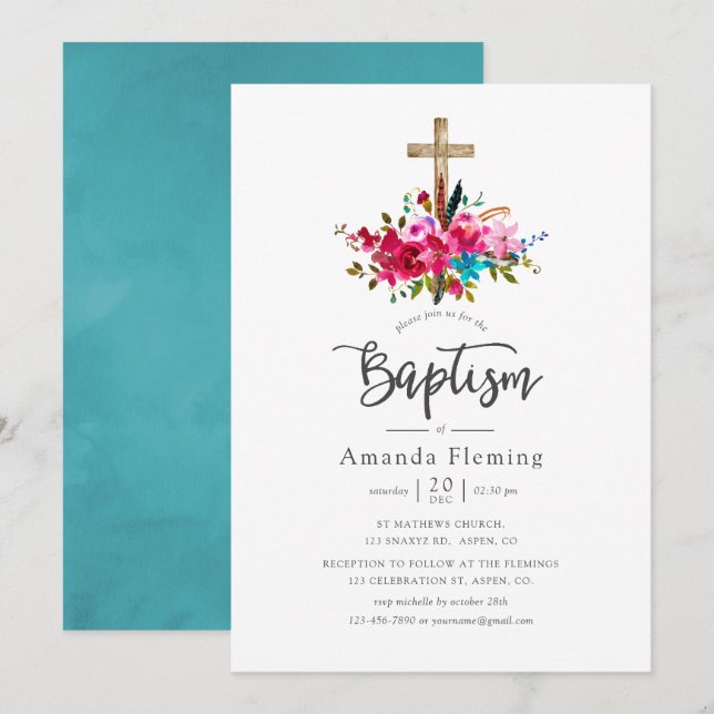 Invitación Bautizo floral boho chic (Anverso / Reverso)